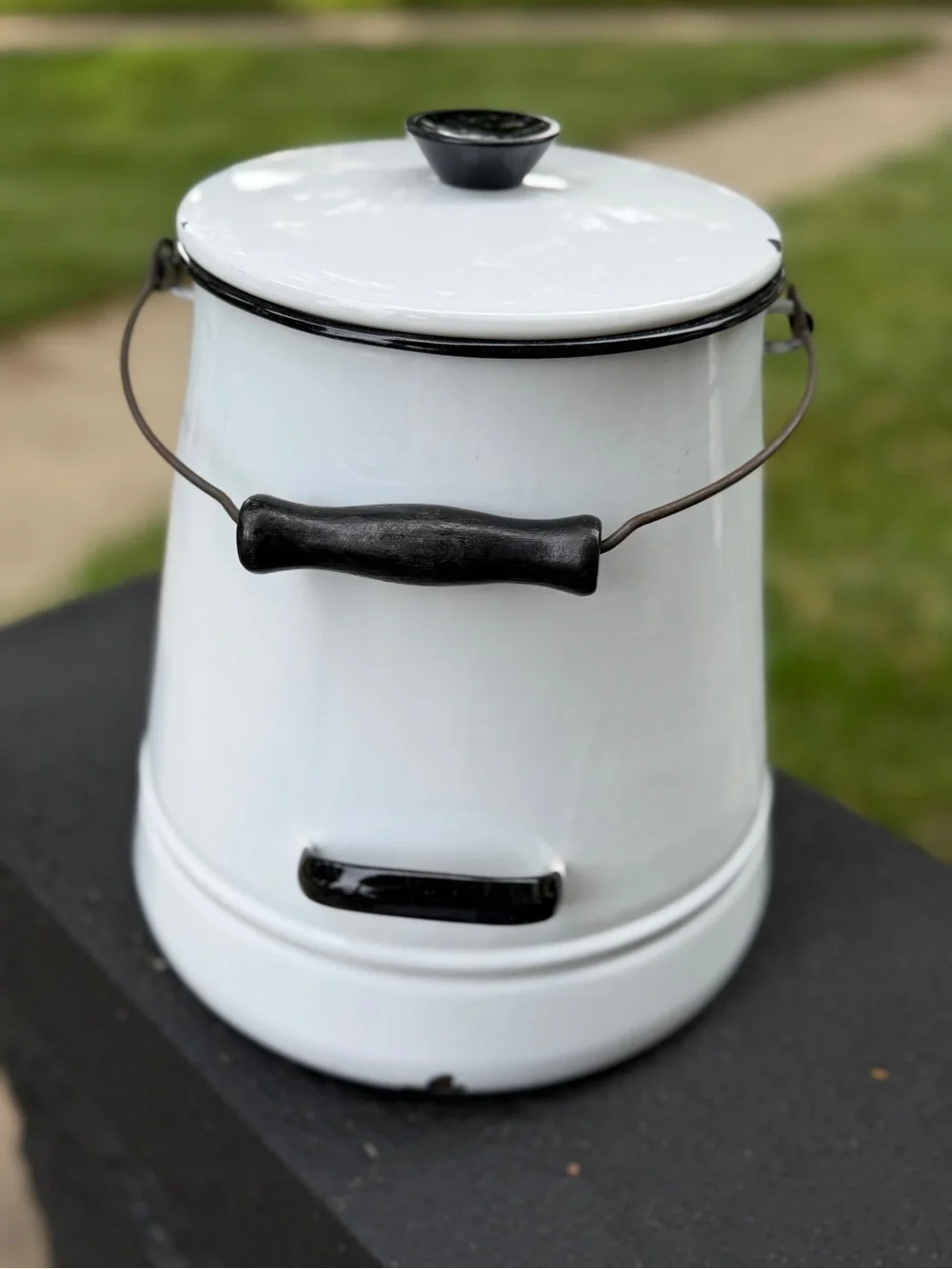 White Enamelware Coffee Pot with Black Trim